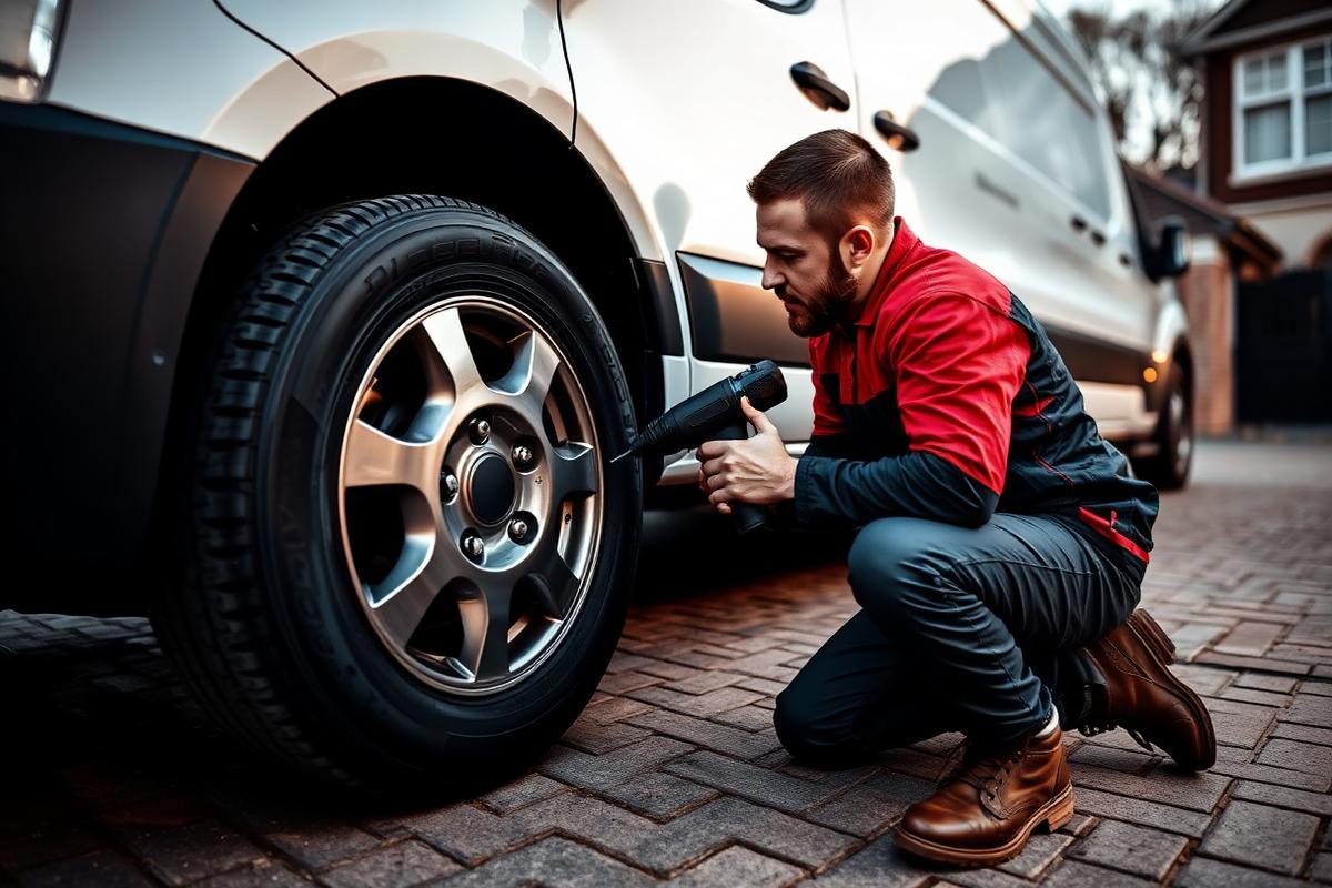 Technician fitting a tyre at a customer's home